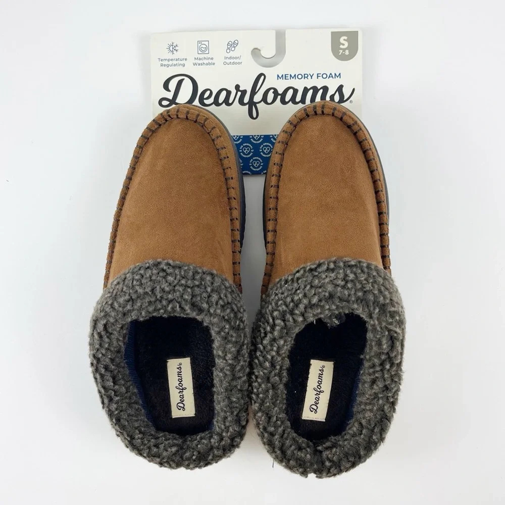 NWT DearFoams Slippers Size Small Brown Marshall Microsuede Clog Memory Foam